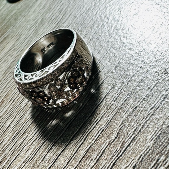 LeVian 18K White Gold Chocolate & Vanilla Diamond Floral Wide Band Ring - Picture 12 of 16